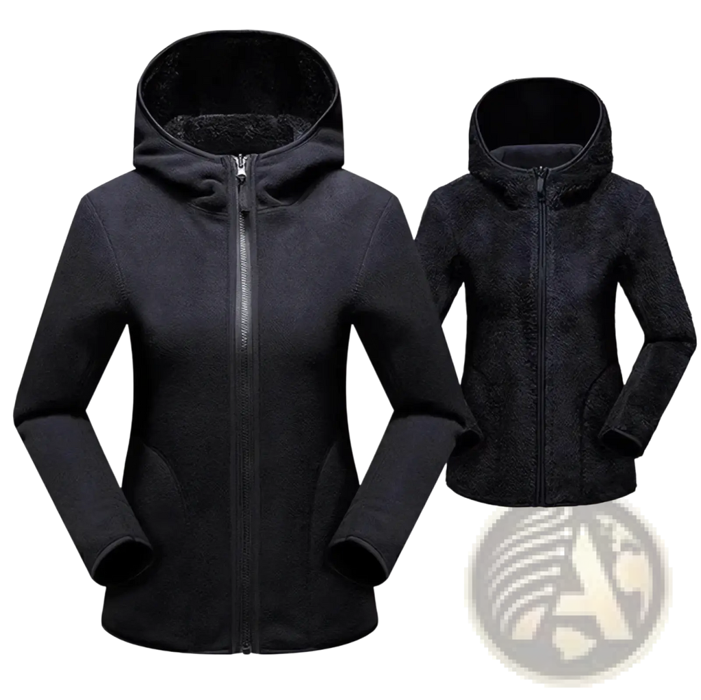 Black fleece-lined hooded jacket with full-length zipper and soft textured exterior for winter wear