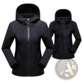 Black fleece-lined hooded jacket with full-length zipper and soft textured exterior for winter wear