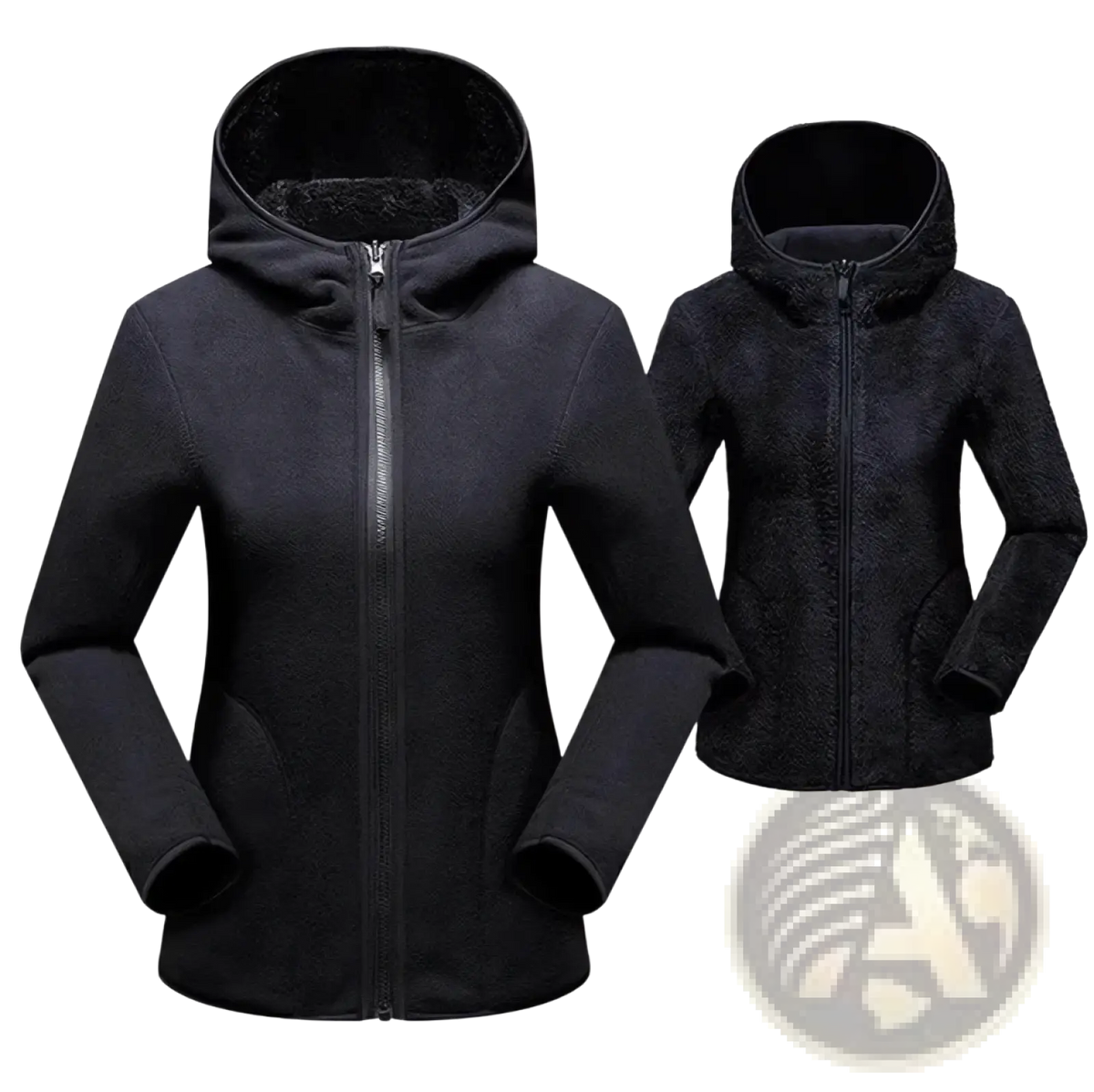 Black fleece-lined hooded jacket with full-length zipper and soft textured exterior for winter wear