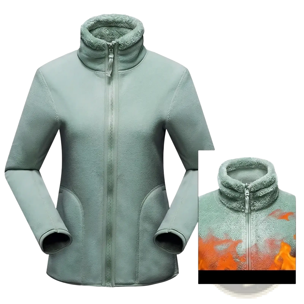 Women’s reversible fleece hooded jacket winter zip coat in soft light green with plush fur-lined collar and front zipper