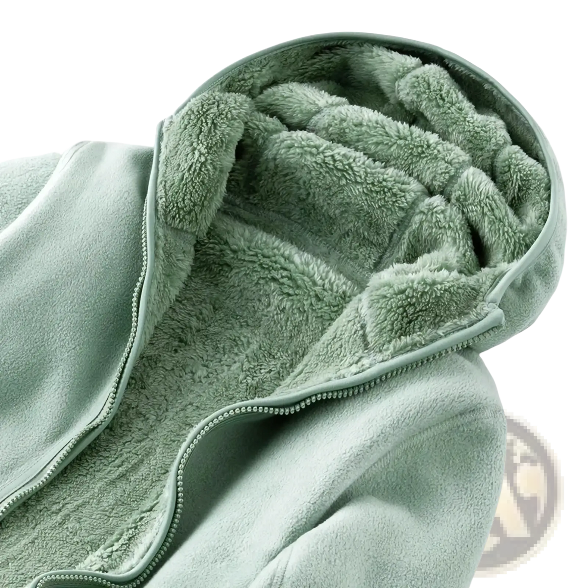 Women’s reversible fleece hooded jacket in soft mint green with plush textured interior lining and matching zipper trim