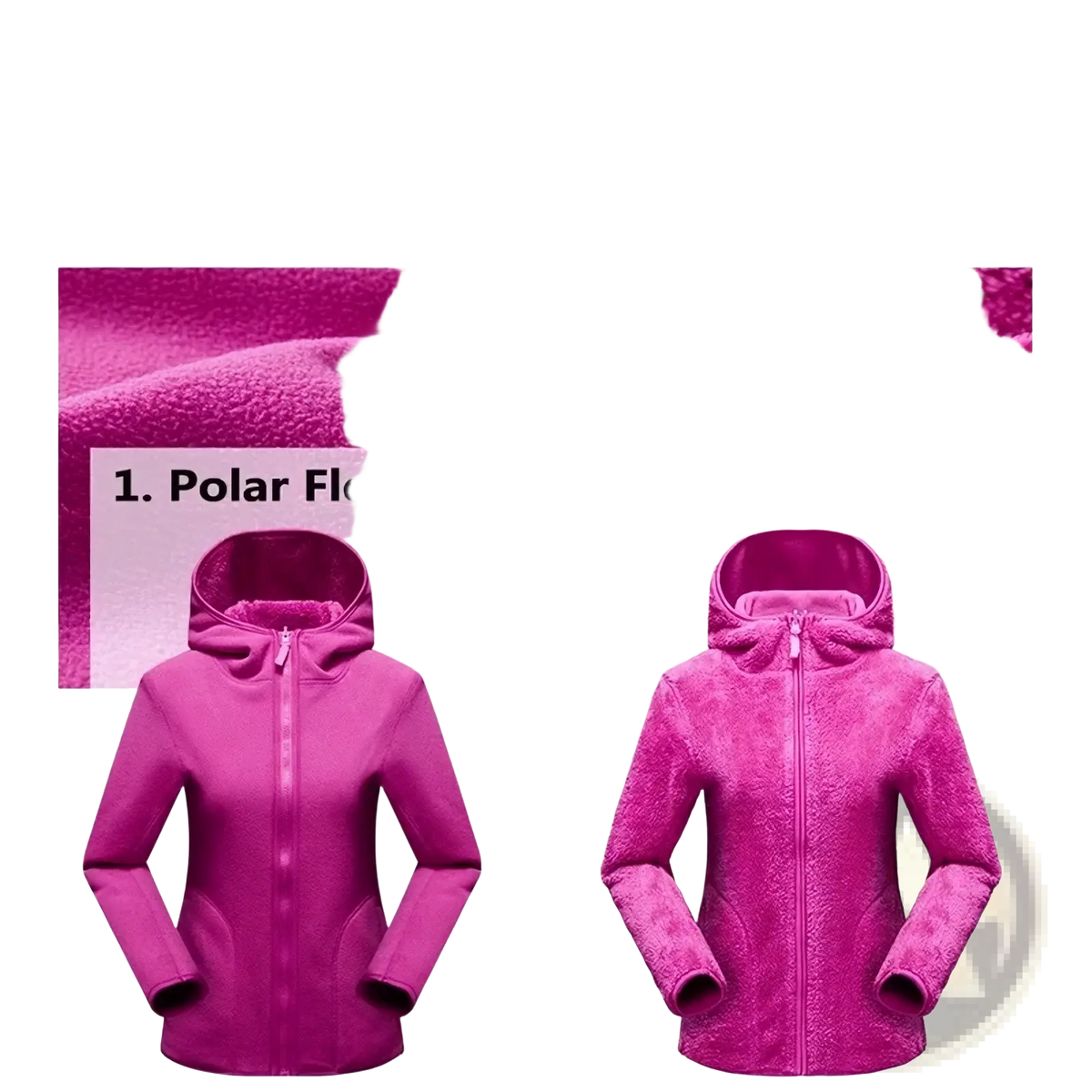 Women’s reversible fleece hooded jacket in vibrant magenta with front zipper in polar or coral fleece material