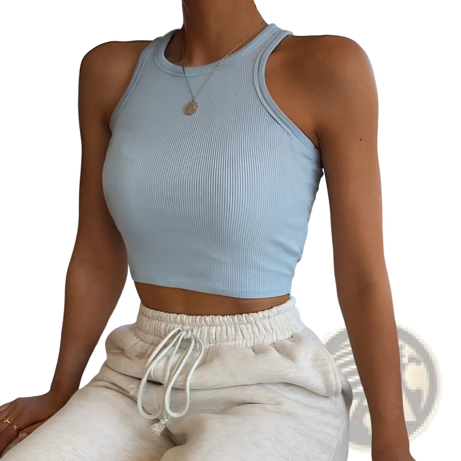 Light blue ribbed knit sleeveless slim fit crop top with round neckline and racerback design for women