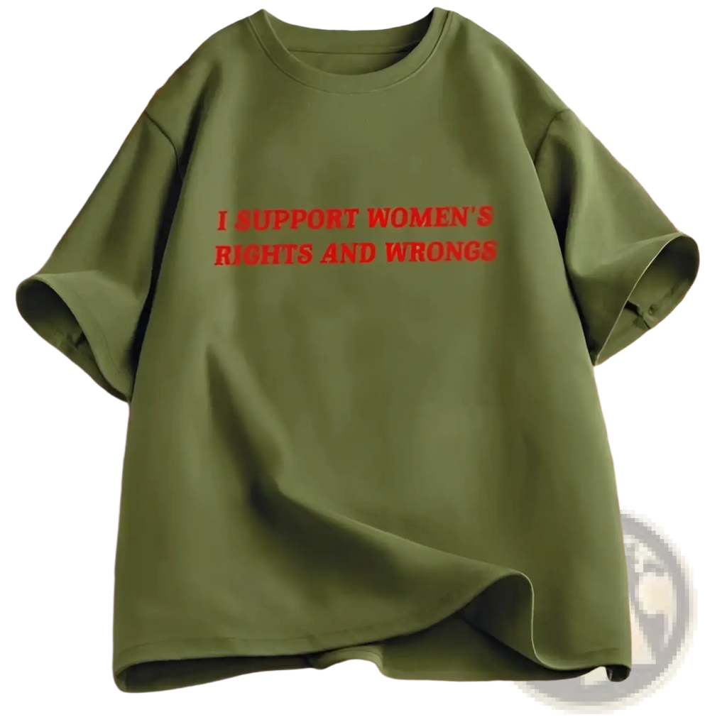 Olive green oversized cotton t-shirt with bold red text supporting womens rights and wrongs on the front