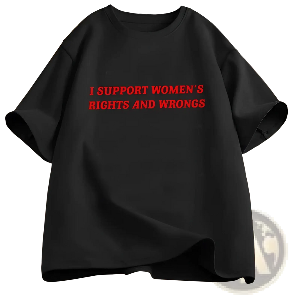 Black oversized cotton t-shirt with bold red i support womens rights and wrongs text on the front chest