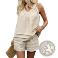 Women’s beige ruched v-neck sleeveless top with layered ruffle details part of a casual shorts set