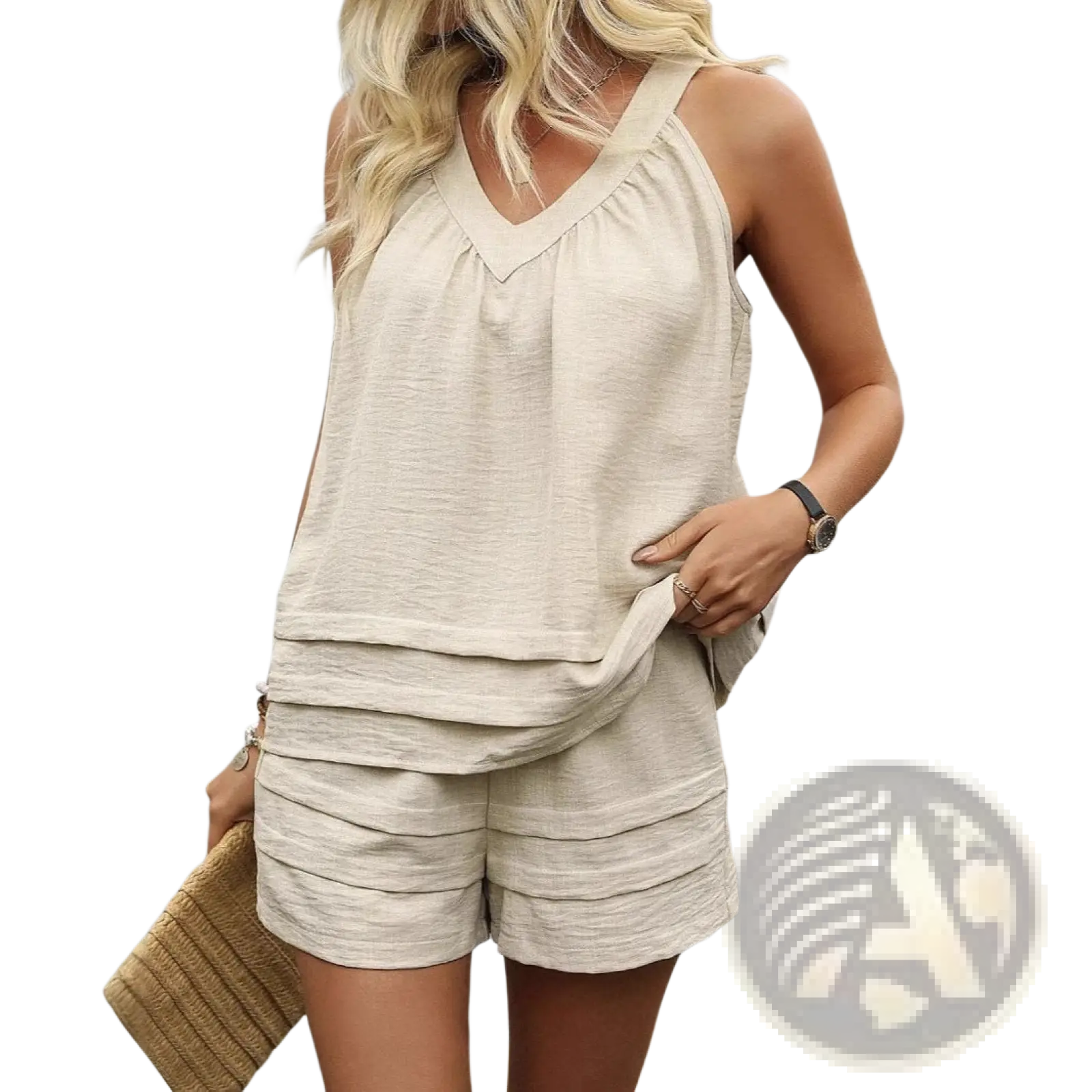 Women’s beige ruched v-neck sleeveless top with layered ruffle details part of a casual shorts set