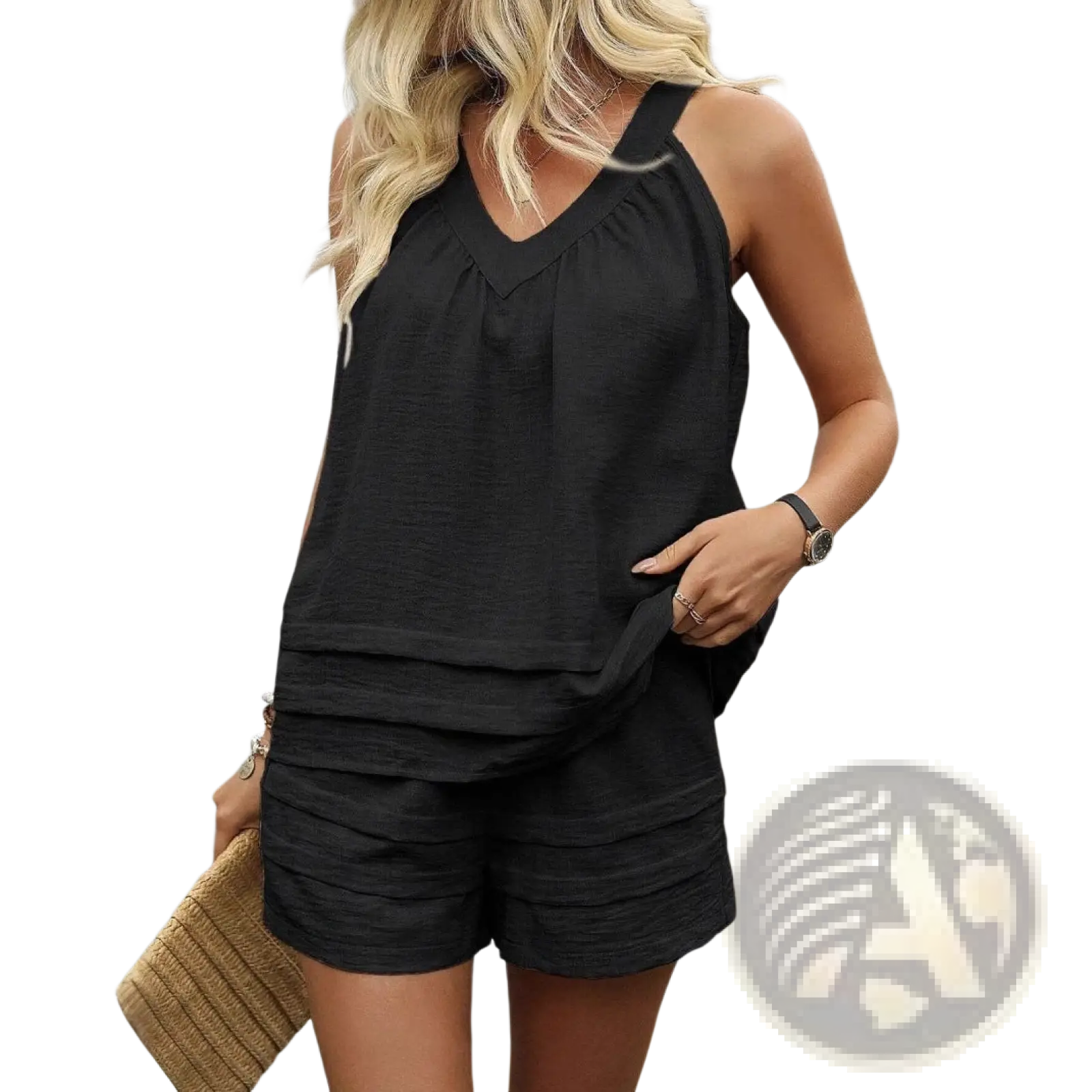 Women’s black ruched v-neck sleeveless top and shorts set made of breathable fabric for casual wear