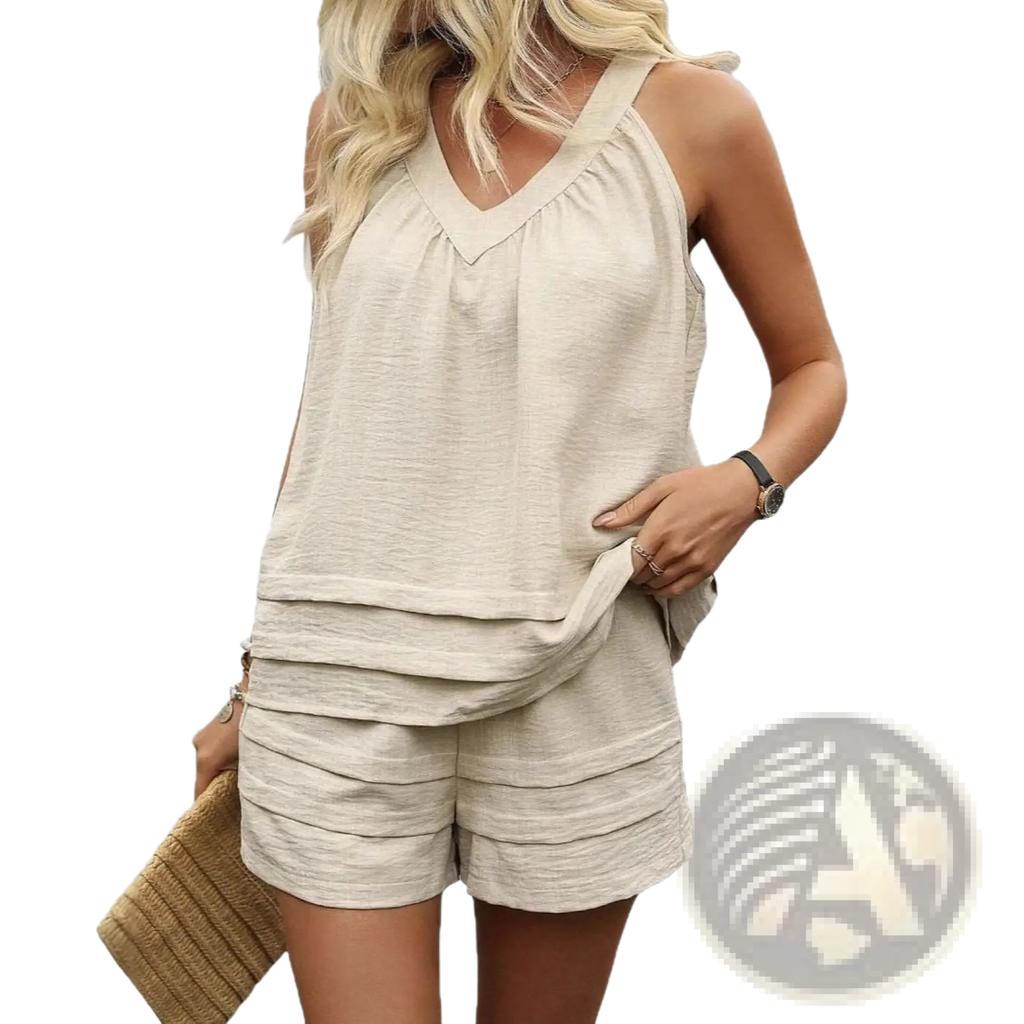 Beige textured women’s sleeveless ruched v-neck top with tiered ruffle detail and matching shorts set