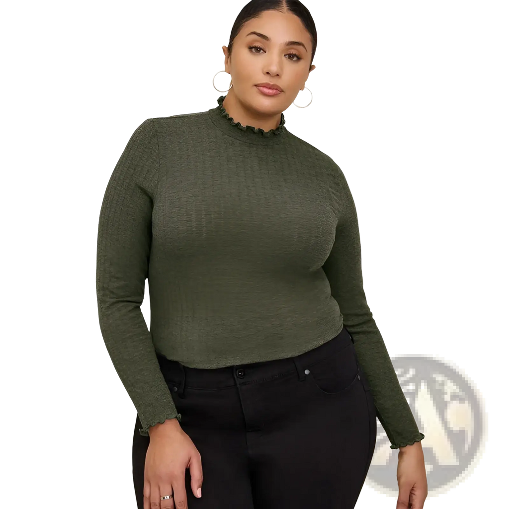 Women’s olive green ribbed knit slim fit long-sleeve top with ruffled high neckline and cuffs