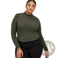 Women’s olive green ribbed knit slim fit long-sleeve top with ruffled high neckline and cuffs