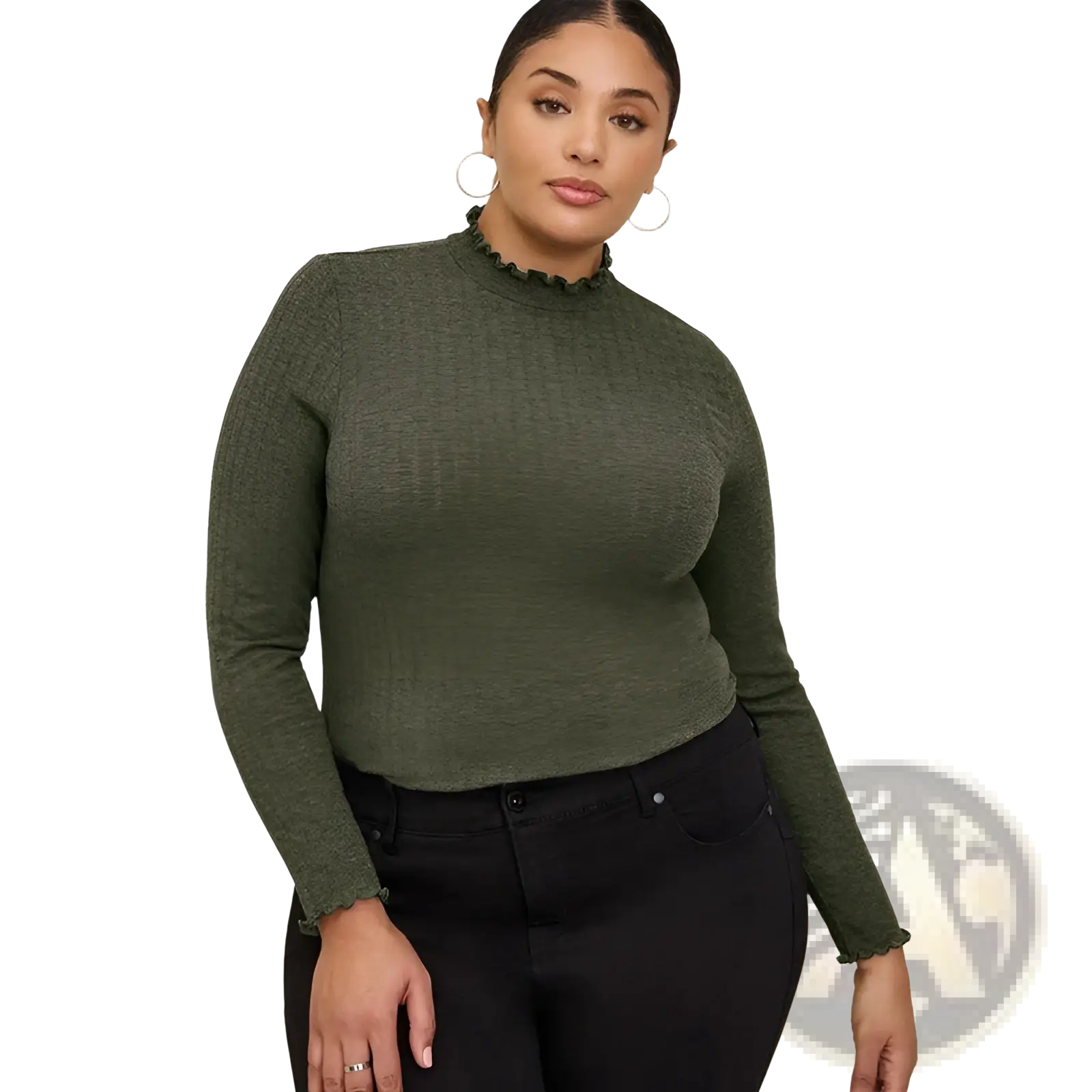 Women’s olive green ribbed knit slim fit long-sleeve top with ruffled high neckline and cuffs