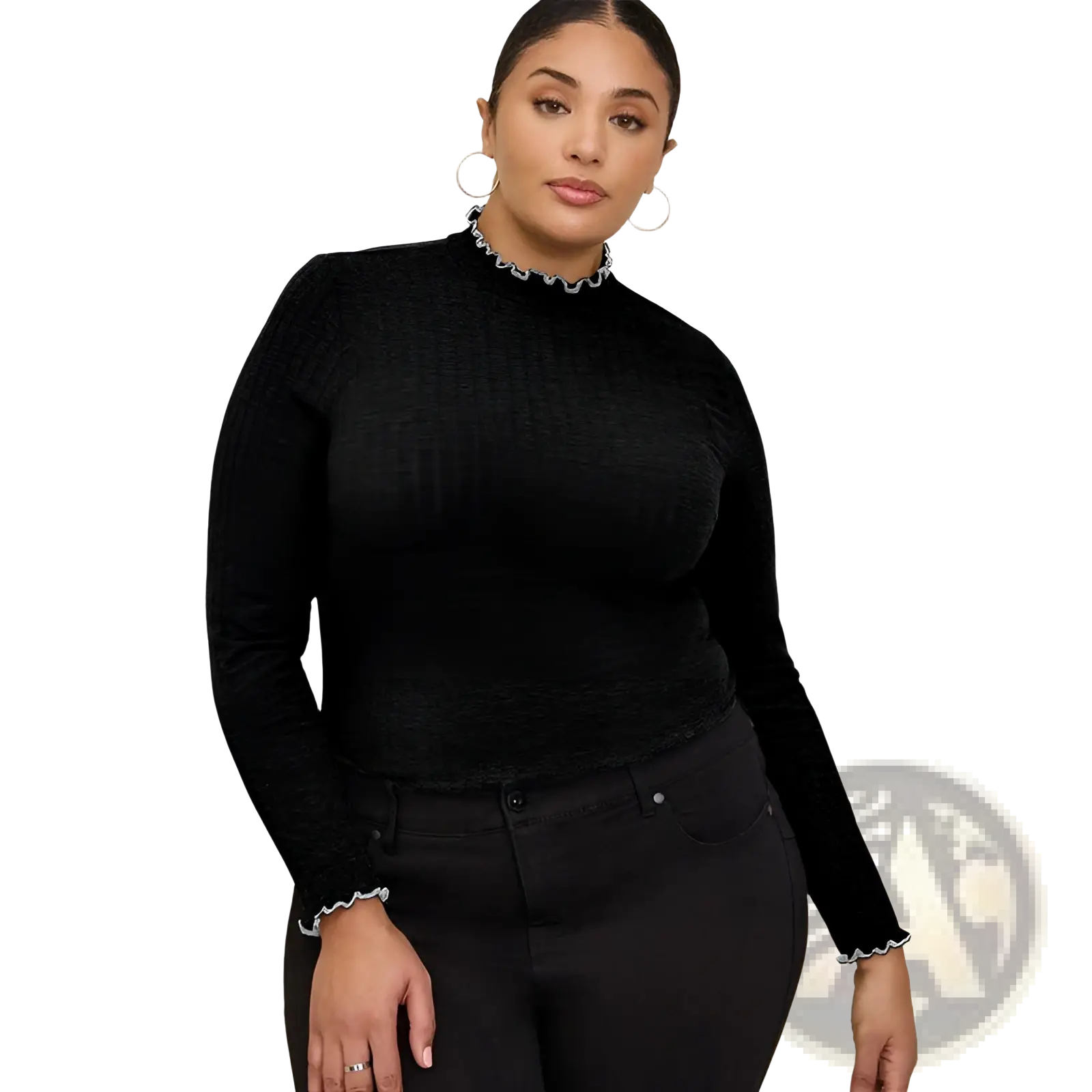Black ribbed knit long-sleeve slim fit top with white ruffled trim at mock neck and cuffs for women