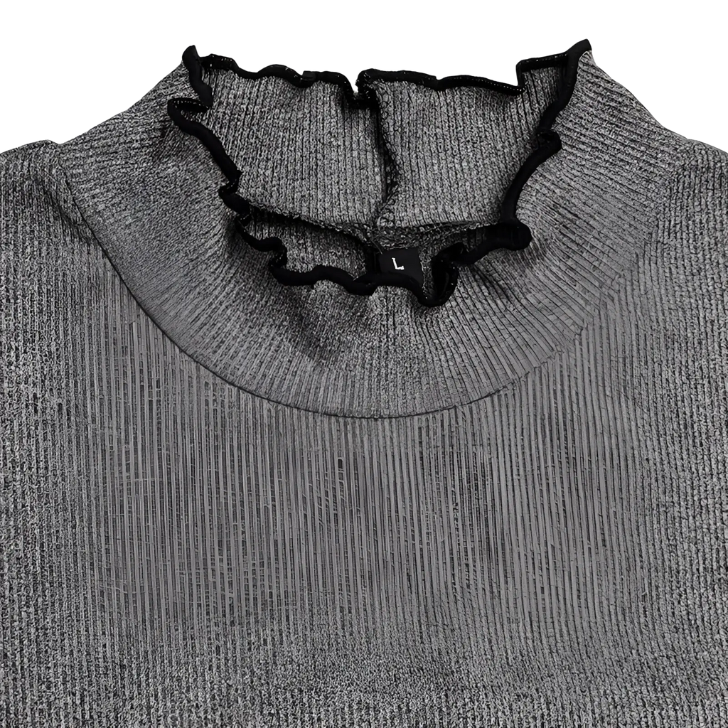 Women’s gray ribbed knit slim fit top with black ruffled mock neck collar ideal for stylish casual wear