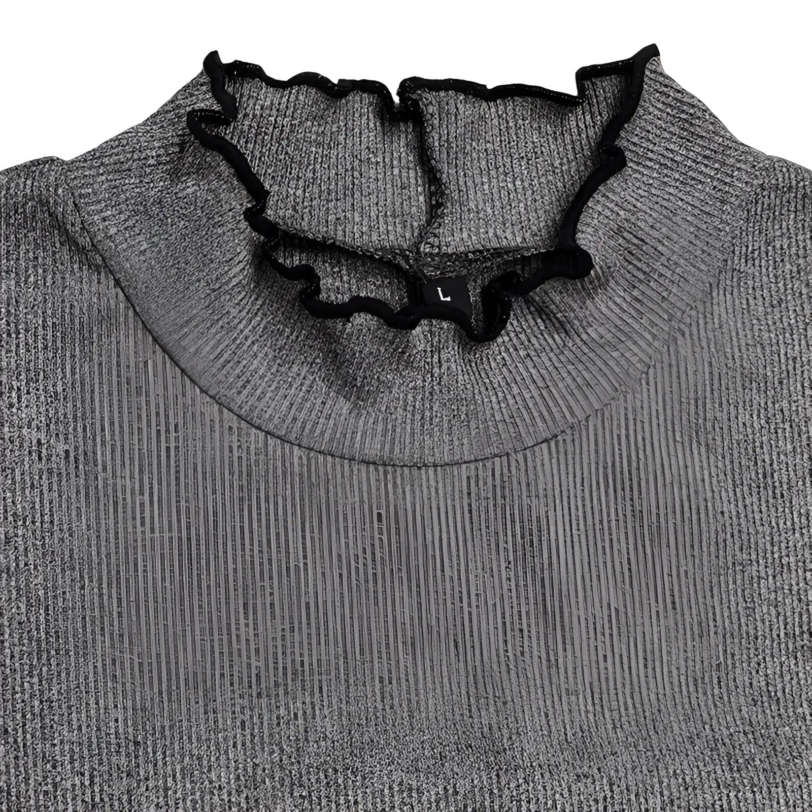 Women’s gray ribbed knit slim fit top with black ruffled mock neck collar ideal for stylish casual wear