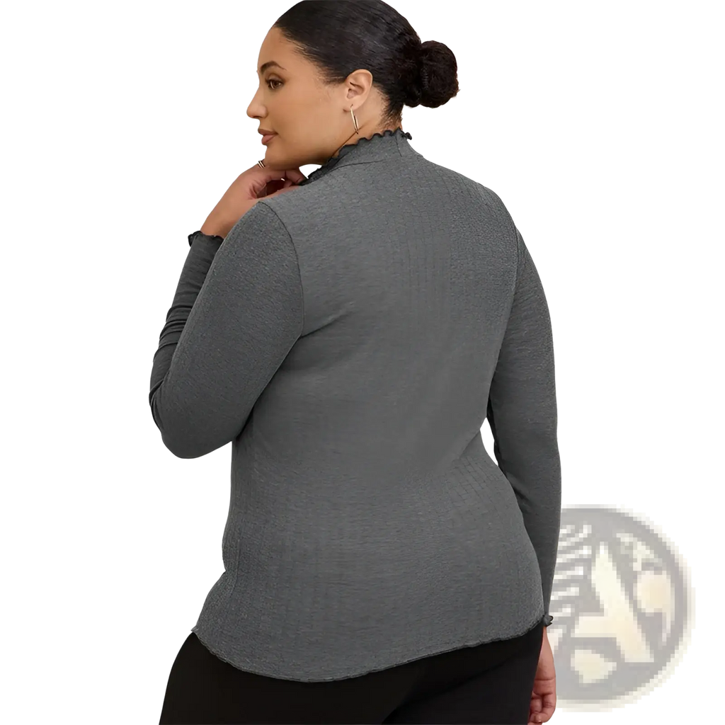 Women’s ruffled ribbed knit slim fit gray long-sleeve top with black ruffled collar and mock neck detail