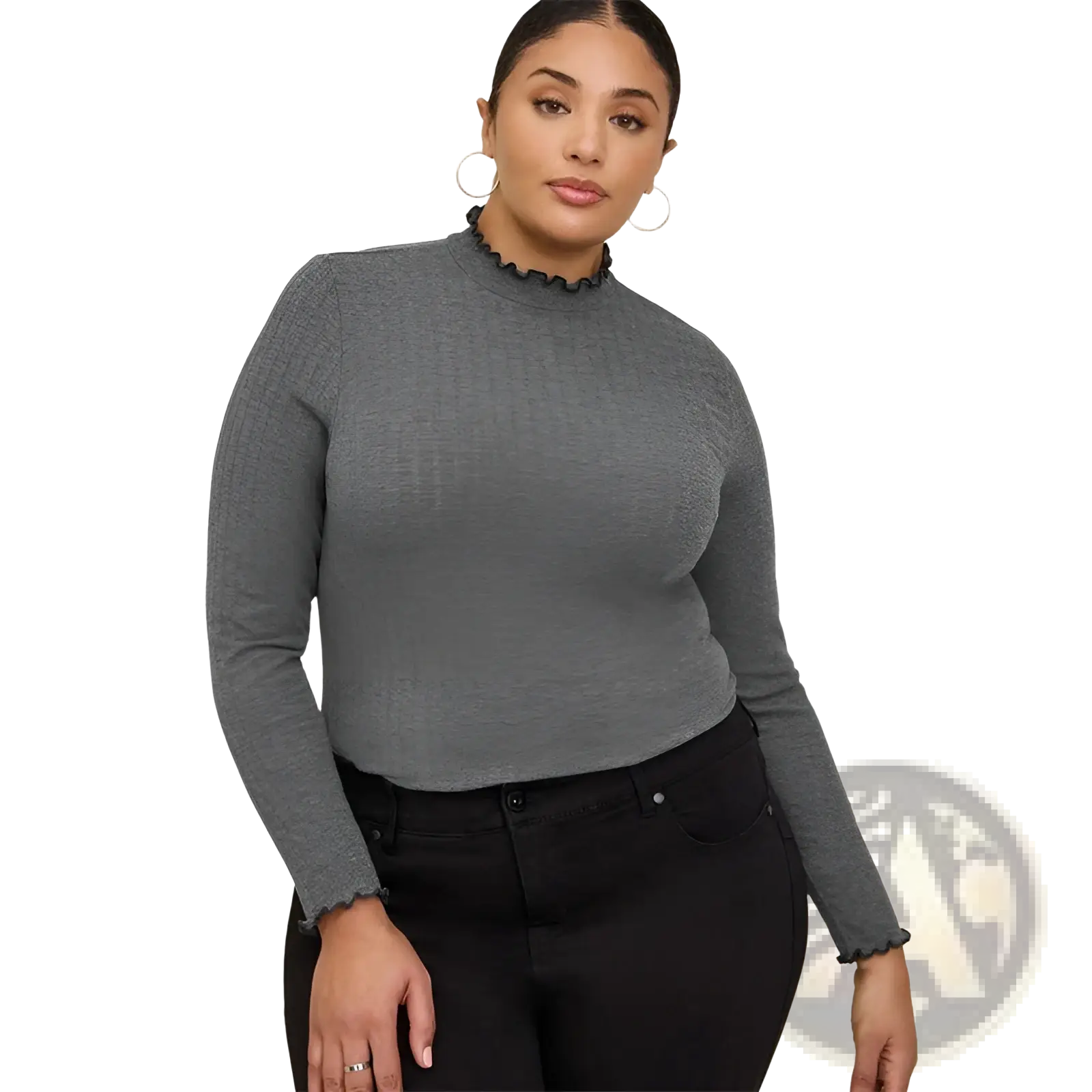 Women’s gray ribbed knit slim fit long-sleeve top with ruffled mock neck and cuffs in textured fabric