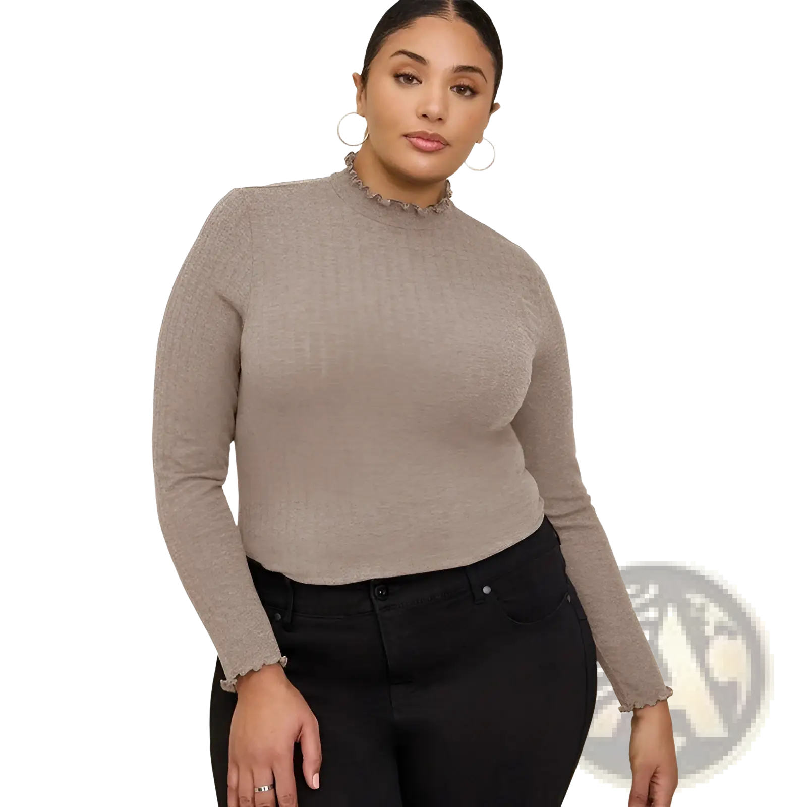 Beige ribbed knit slim fit long-sleeve top with ruffled high neckline and cuffs for women