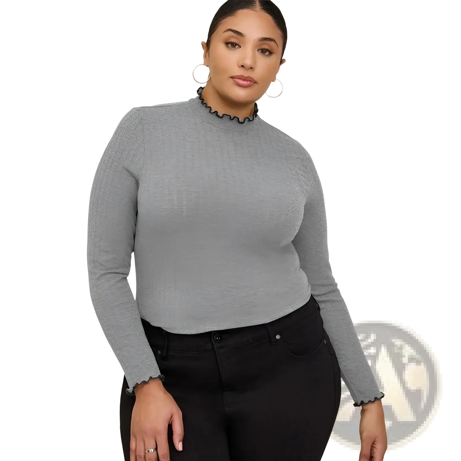 Women’s gray ribbed knit slim fit long sleeve top with black ruffled trim at mock neck and cuffs