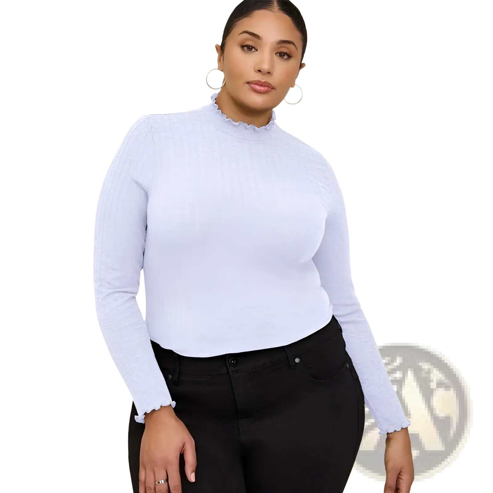 Light blue long-sleeved ribbed knit slim fit top with mock neck and ruffled trim at collar and cuffs
