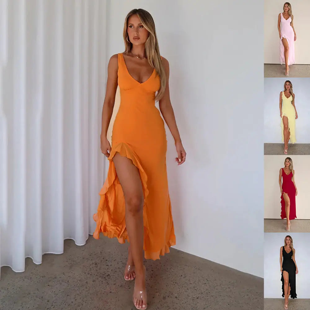 Vibrant orange sleeveless evening maxi dress with ruffled split v-neck and asymmetrical hem perfect for formal occasions