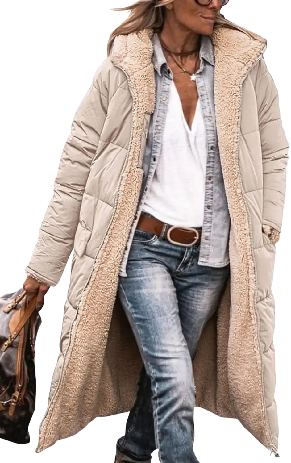 Beige quilted women’s shearling fleece winter coat with plush tan shearling-lined hood and cuffs for cold weather