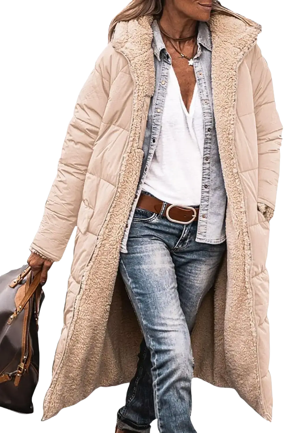 Beige quilted women’s shearling fleece winter coat with plush shearling lining and hood for cold weather