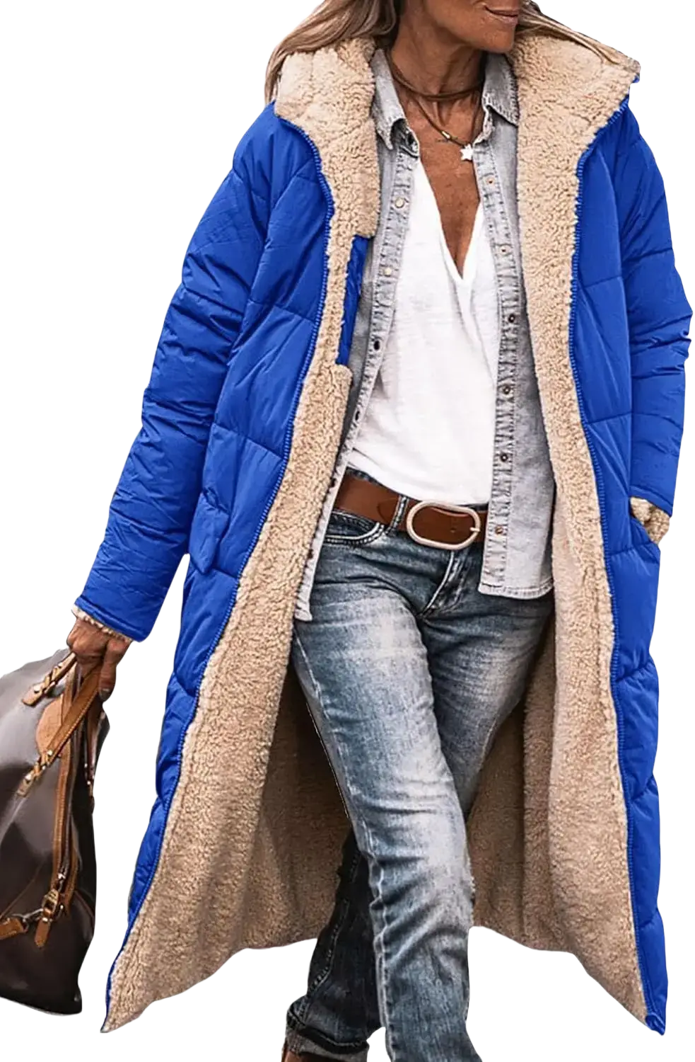 Blue quilted women’s shearling fleece winter coat with plush beige shearling lining for cold weather use