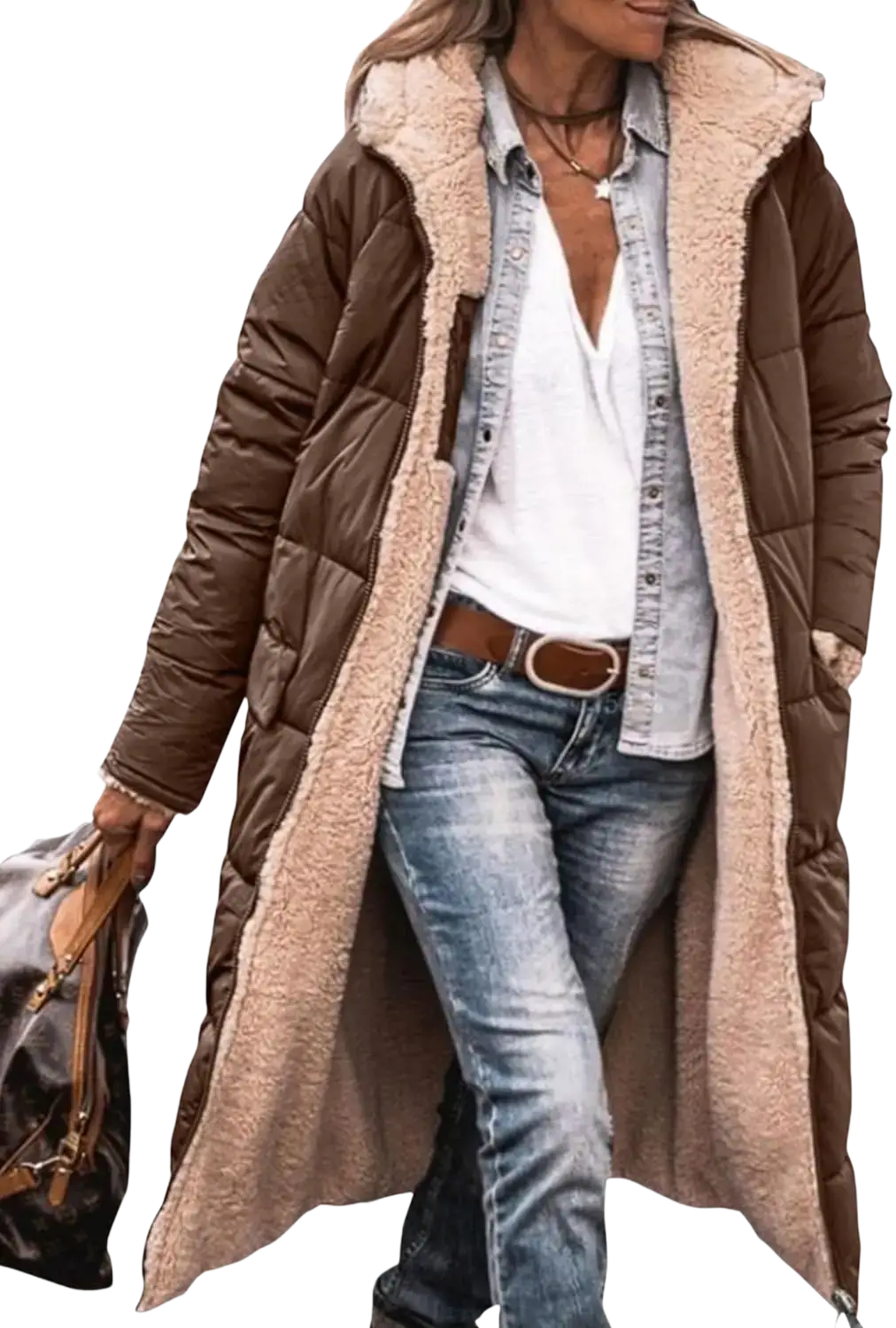Brown quilted women’s shearling fleece winter coat with plush beige shearling-lined hood and cuffs