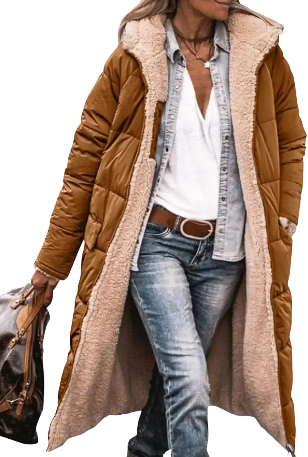 Brown quilted women’s shearling fleece winter coat with plush light beige shearling lining for cold weather use