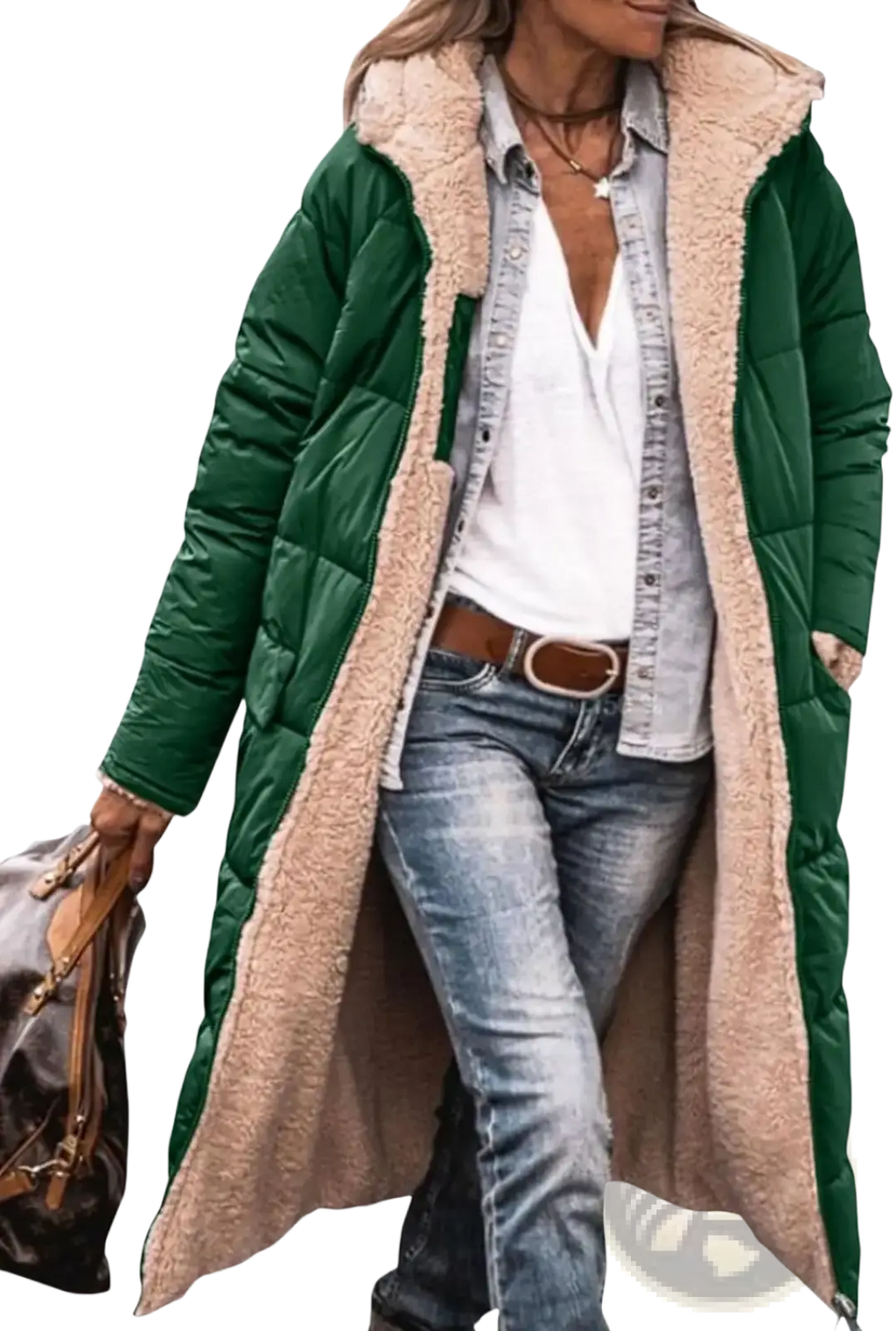 Green quilted women’s shearling fleece winter coat with plush beige shearling lining for cold weather use