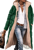 Green quilted women’s shearling fleece winter coat with plush beige shearling lining for cold weather use
