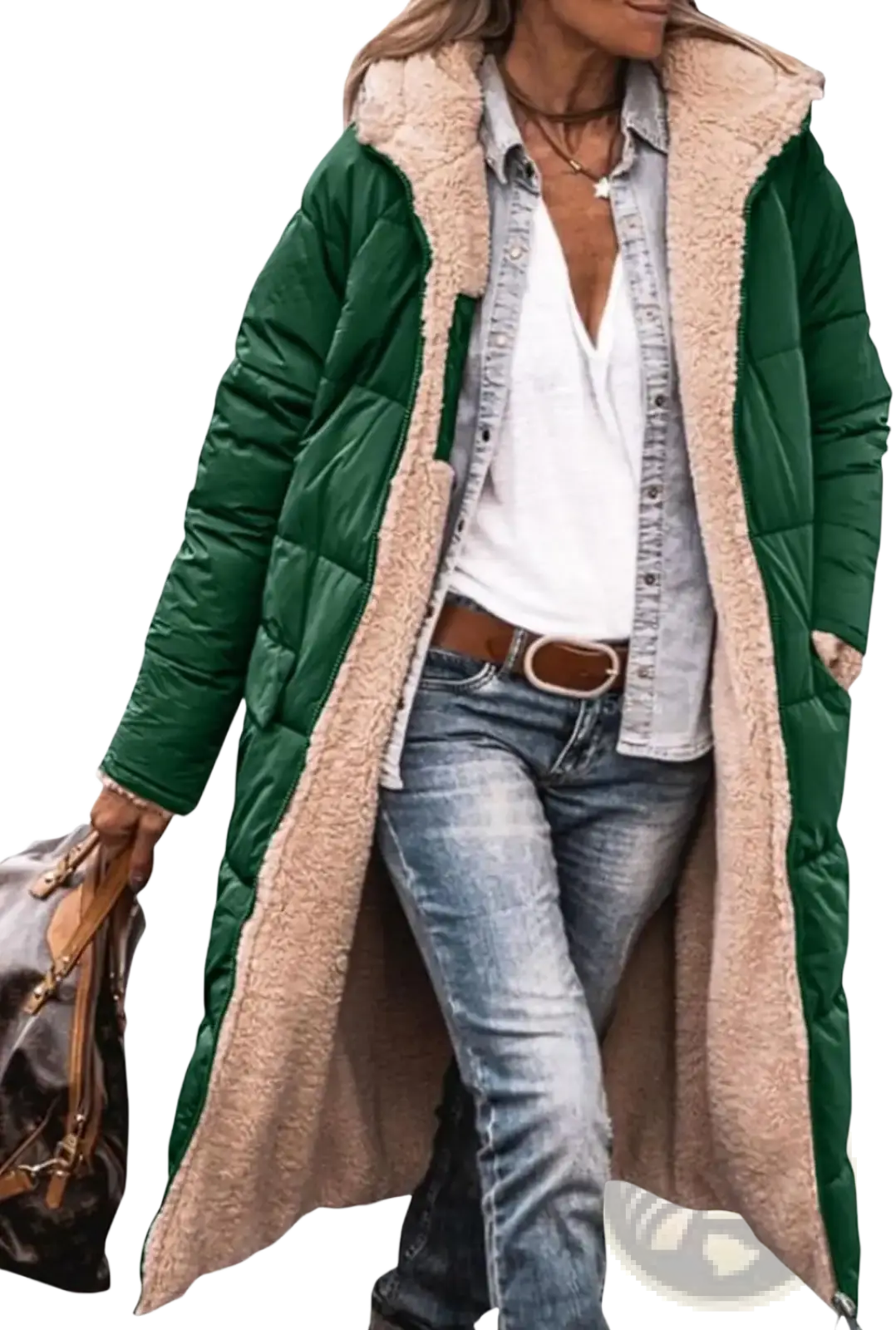 Green quilted women’s shearling fleece winter coat with plush beige shearling lining for cold weather use