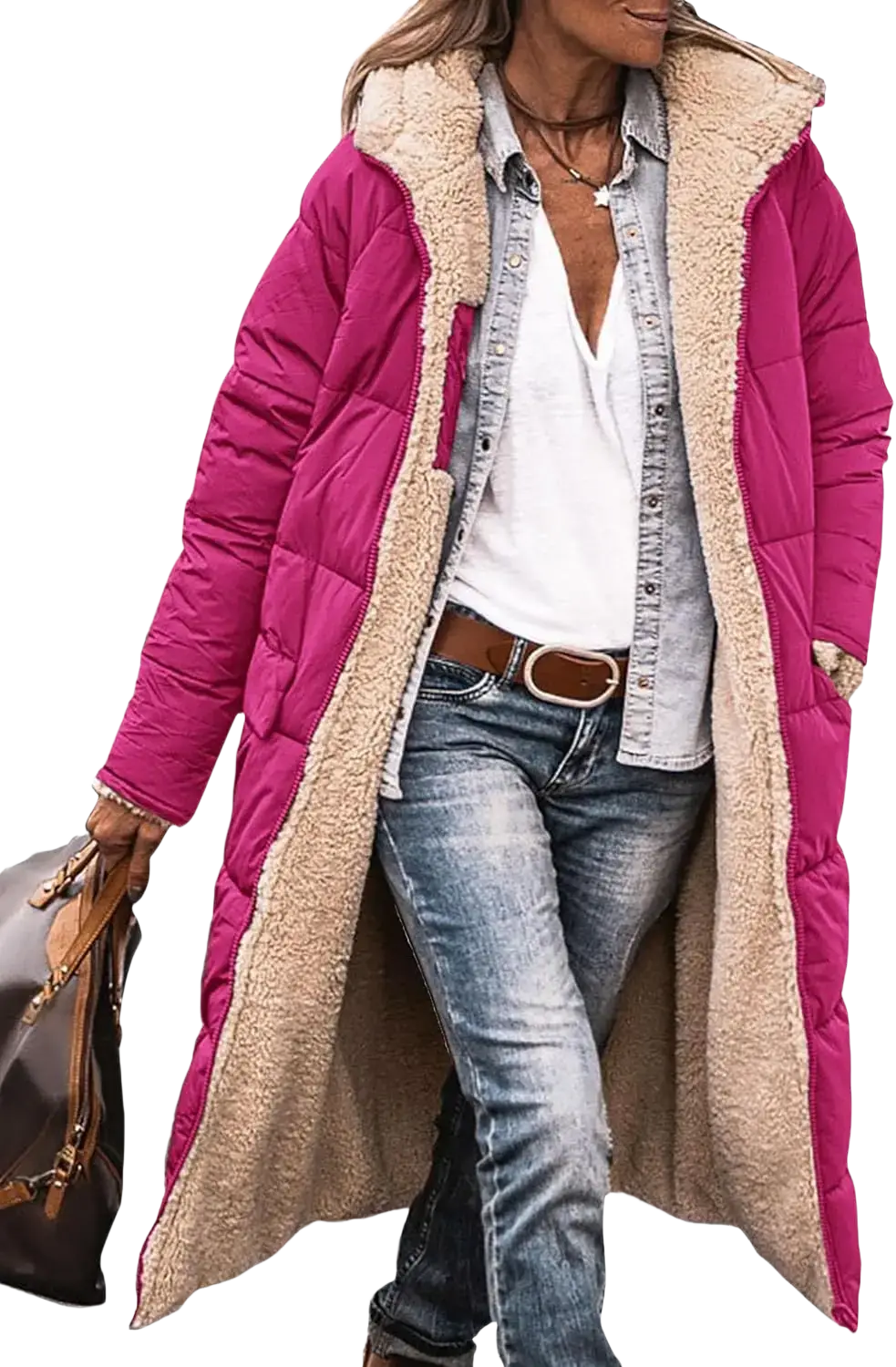 Fuchsia quilted women’s winter coat with plush beige shearling-lined hood and cuffs for cold weather use