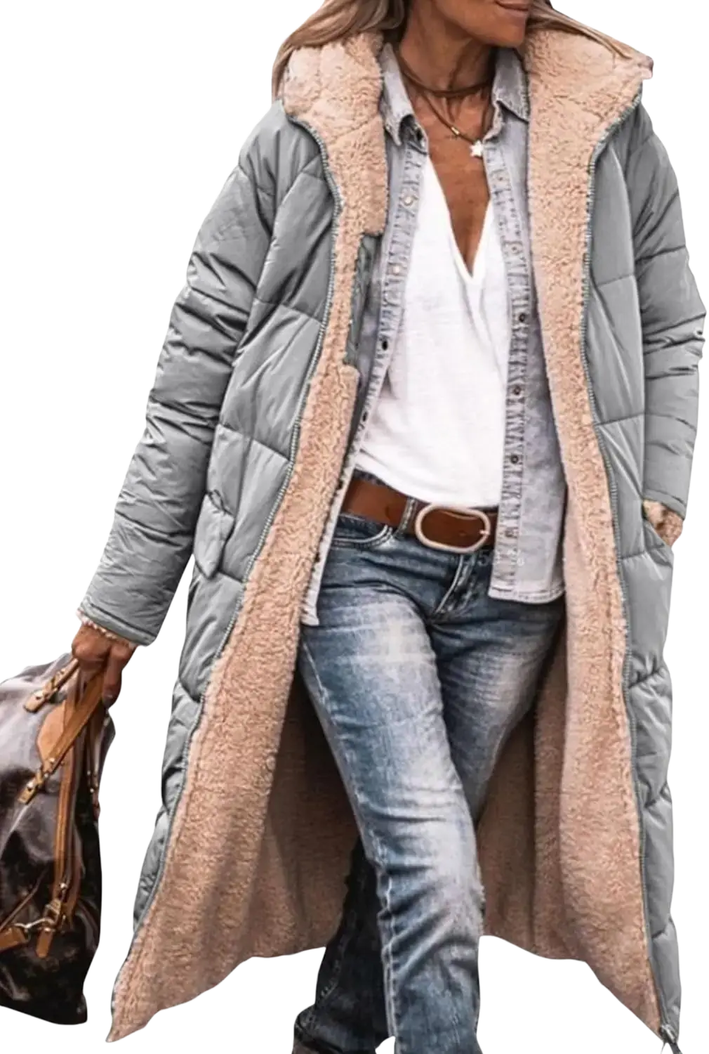 Women’s gray quilted winter coat with plush beige shearling-lined hood and cuffs for cold weather warmth