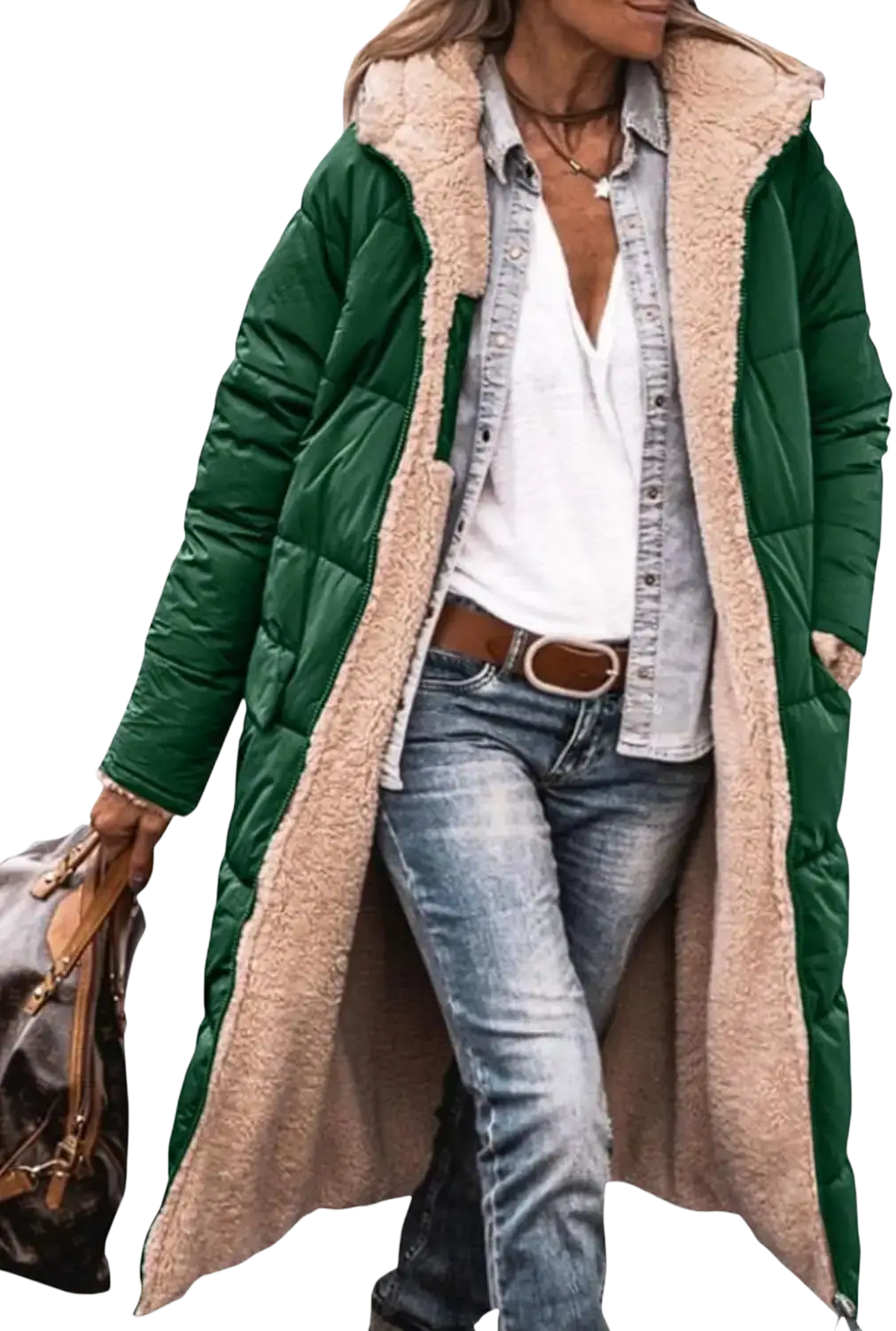 Green quilted women’s shearling fleece winter coat with plush beige shearling lining for cold weather use