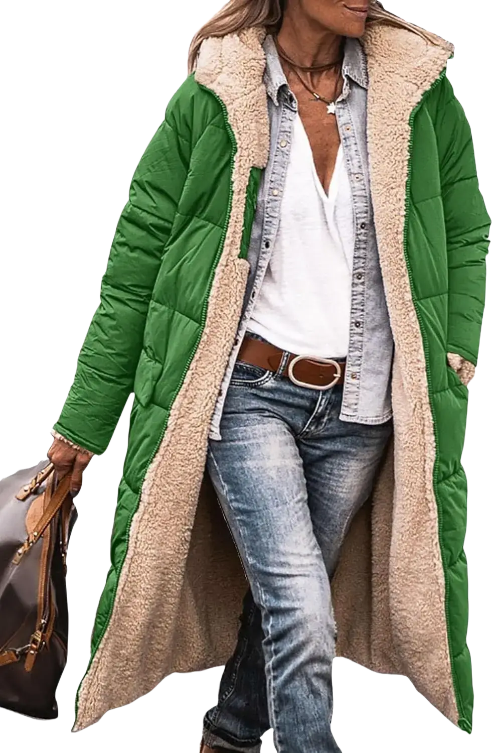 Green quilted women’s shearling fleece winter coat with plush beige shearling lining for cold weather use