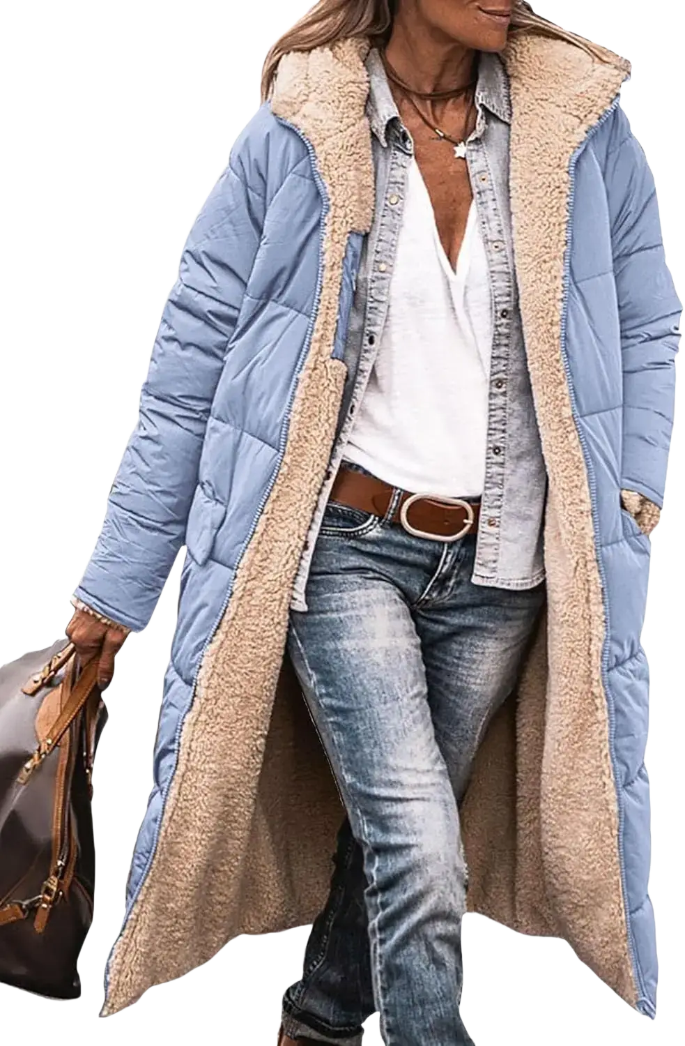 Light blue quilted women’s shearling fleece winter coat with plush beige shearling-lined hood and cuffs