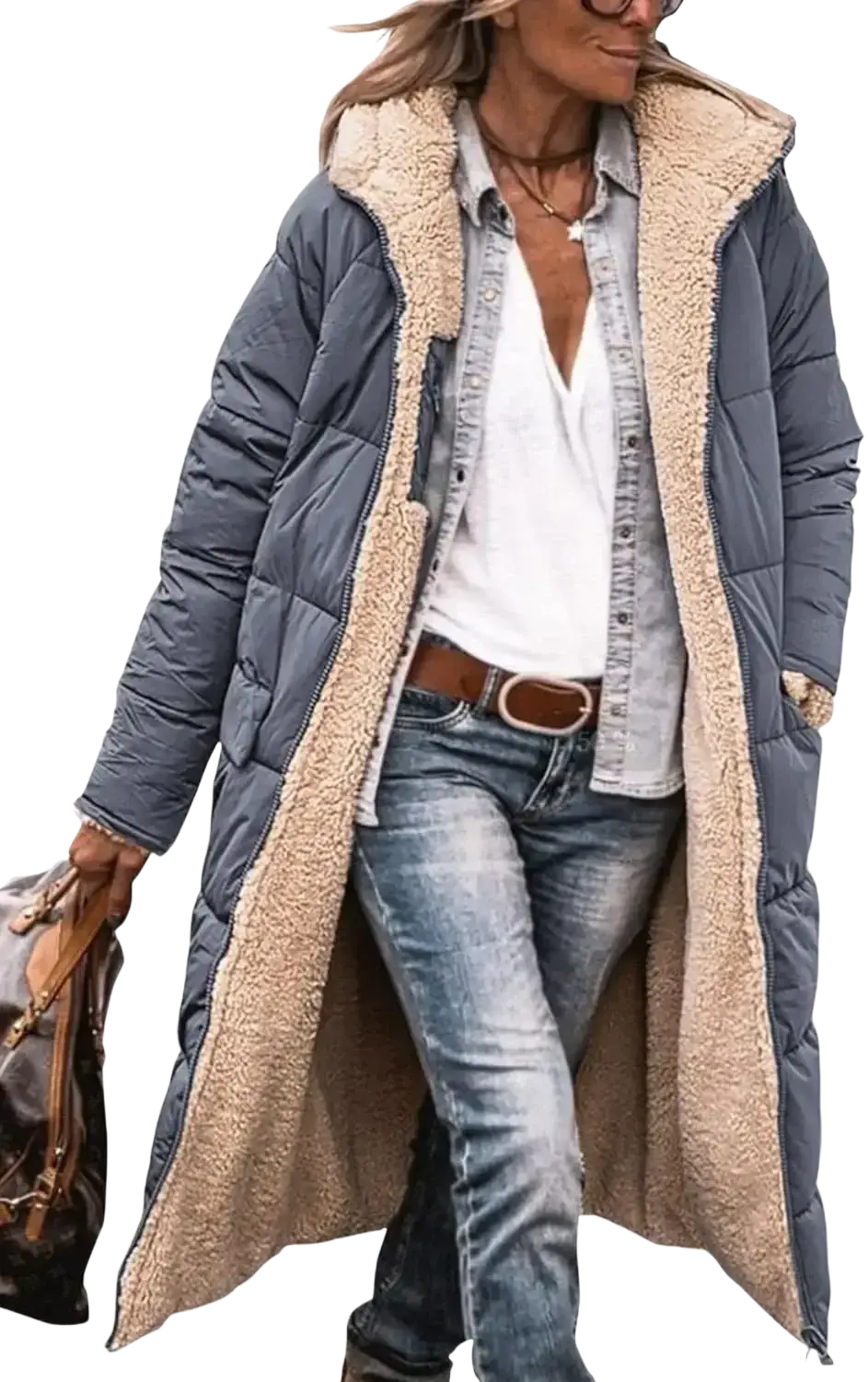 Women’s shearling fleece winter coat in dark gray quilted fabric with beige shearling-lined hood and cuffs