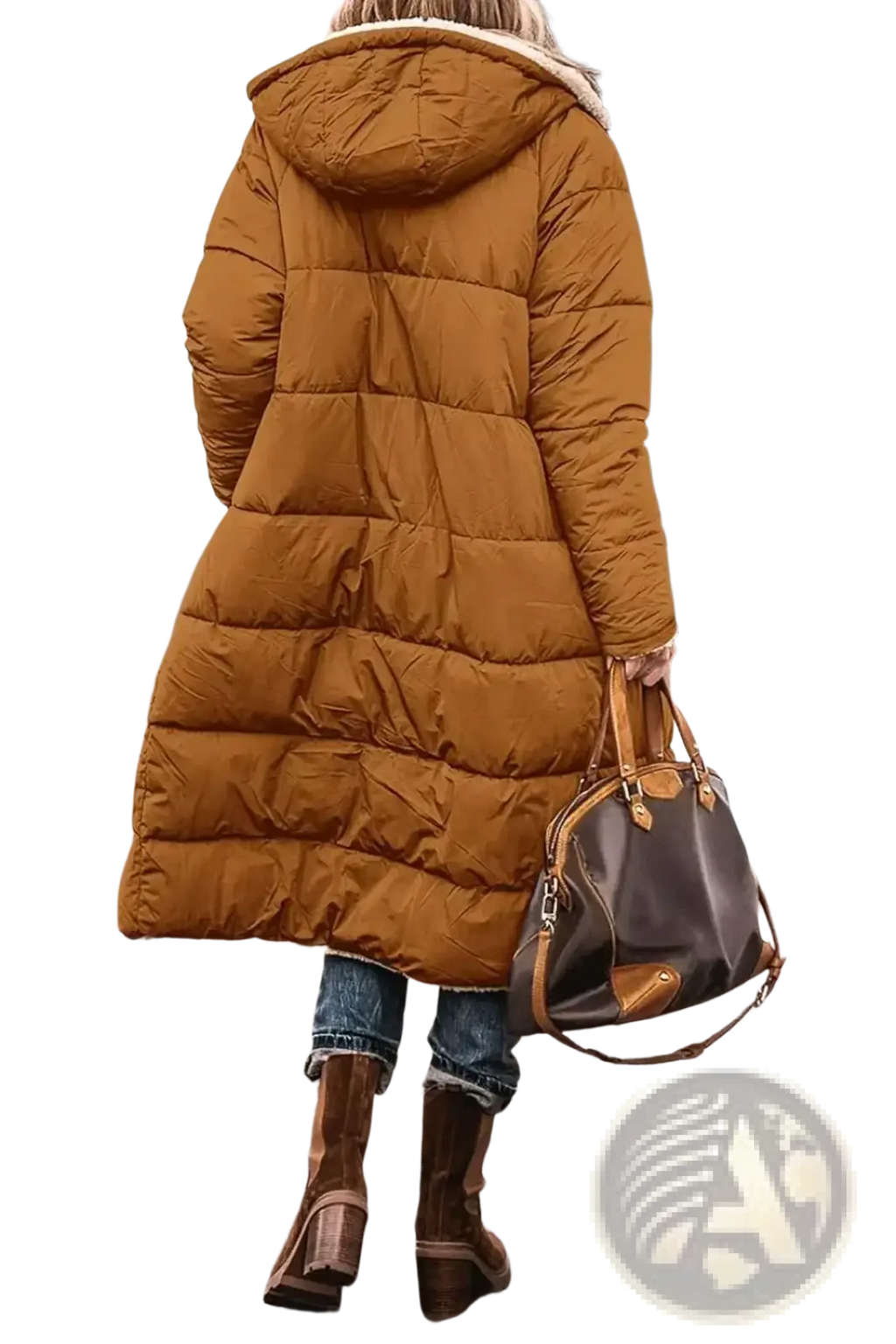 Women’s shearling fleece winter coat in mustard yellow with quilted design and plush white-lined hood for cold weather