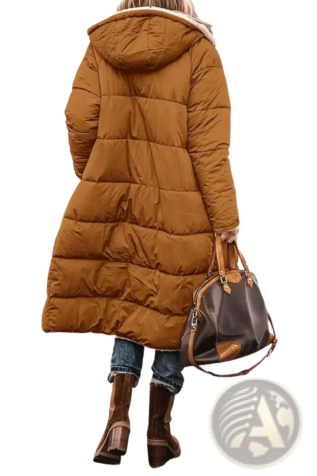 Women’s shearling fleece winter coat in mustard yellow with quilted design and plush white-lined hood for cold weather
