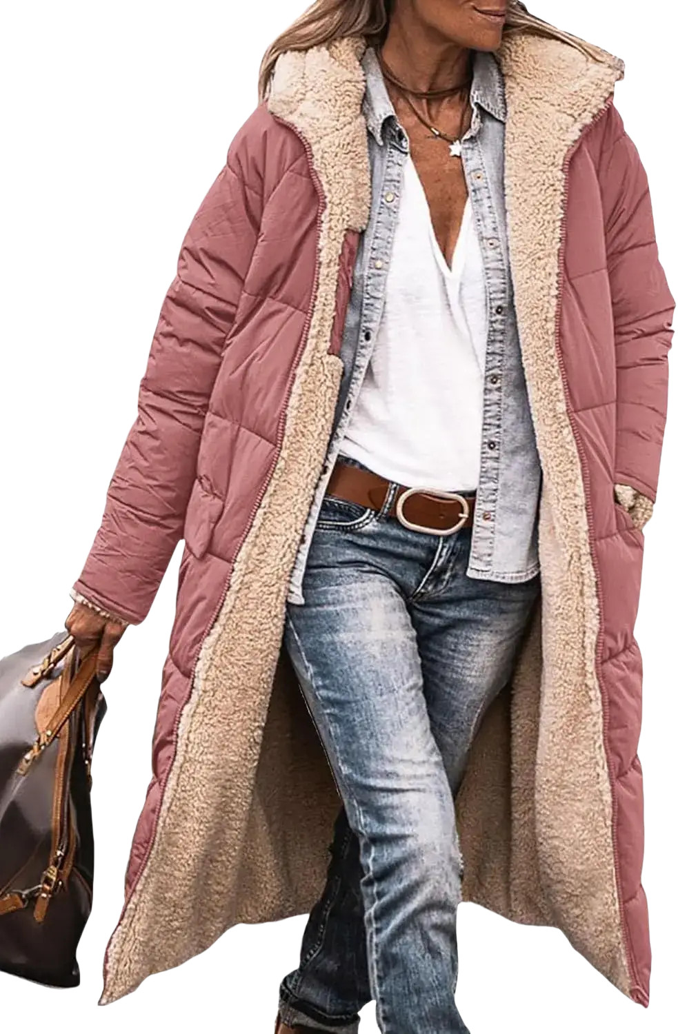 Women’s shearling fleece winter coat in long quilted pink with plush beige shearling lining and collar