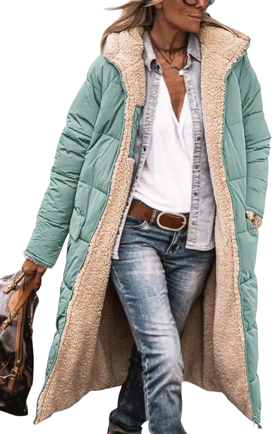 Women’s teal long quilted shearling fleece winter coat with plush beige shearling-lined hood and cuffs
