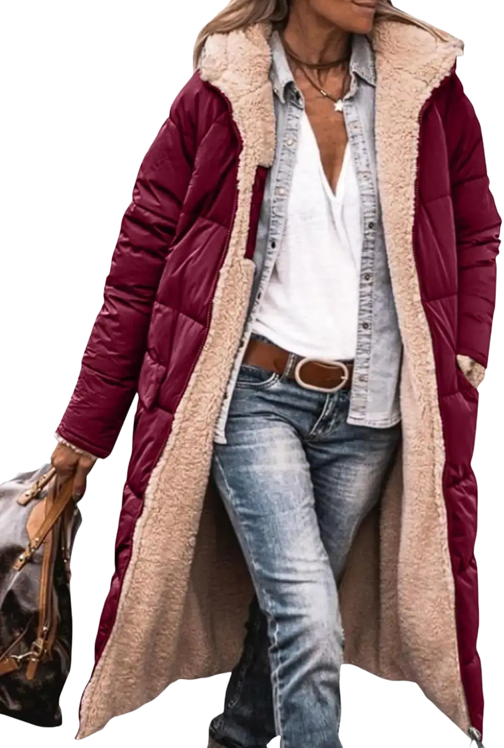 Women’s shearling fleece winter coat in maroon quilted fabric with plush beige shearling-lined hood and cuffs