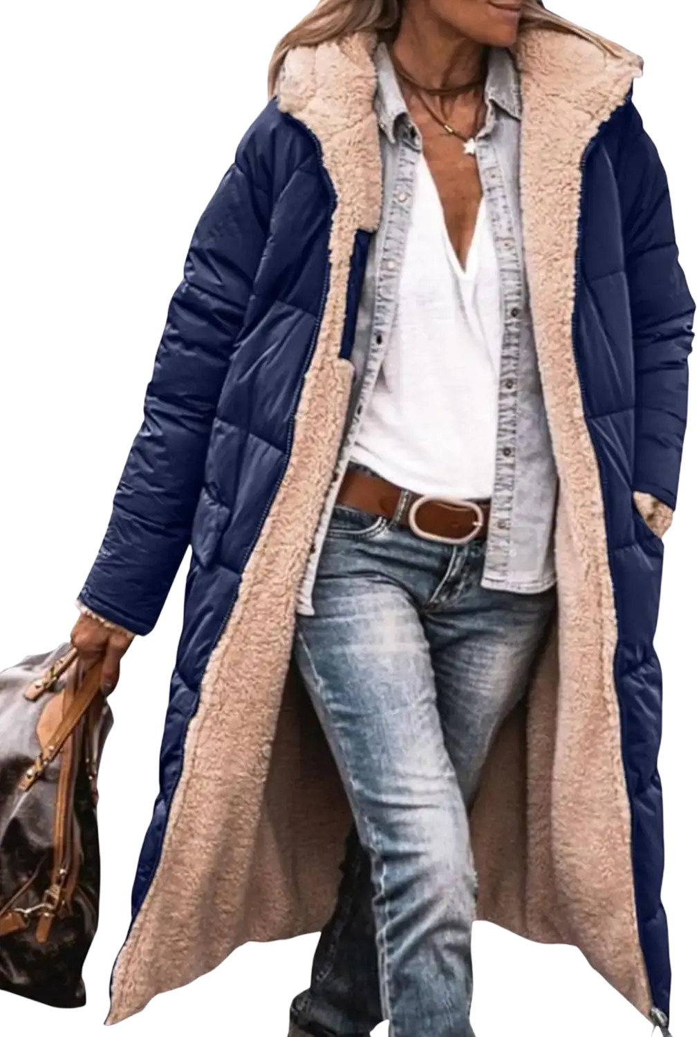 Navy blue women’s shearling fleece winter coat with quilted exterior and plush beige shearling lining