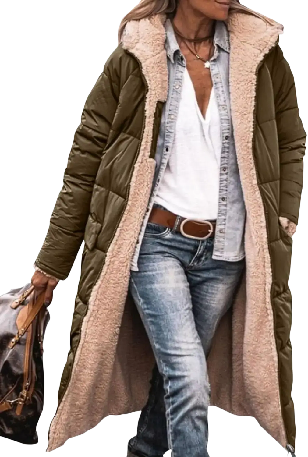 Olive green quilted women’s shearling fleece winter coat with plush beige shearling-lined hood and cuffs