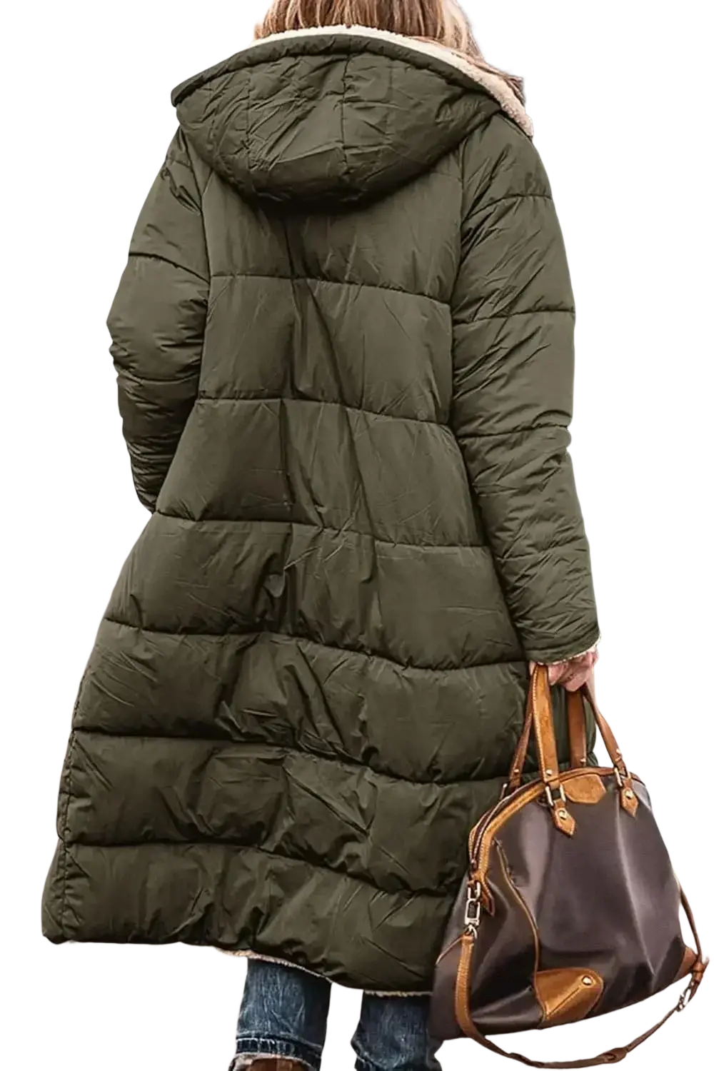 Women’s olive green quilted puffer coat with shearling-lined hood made of fleece for winter wear