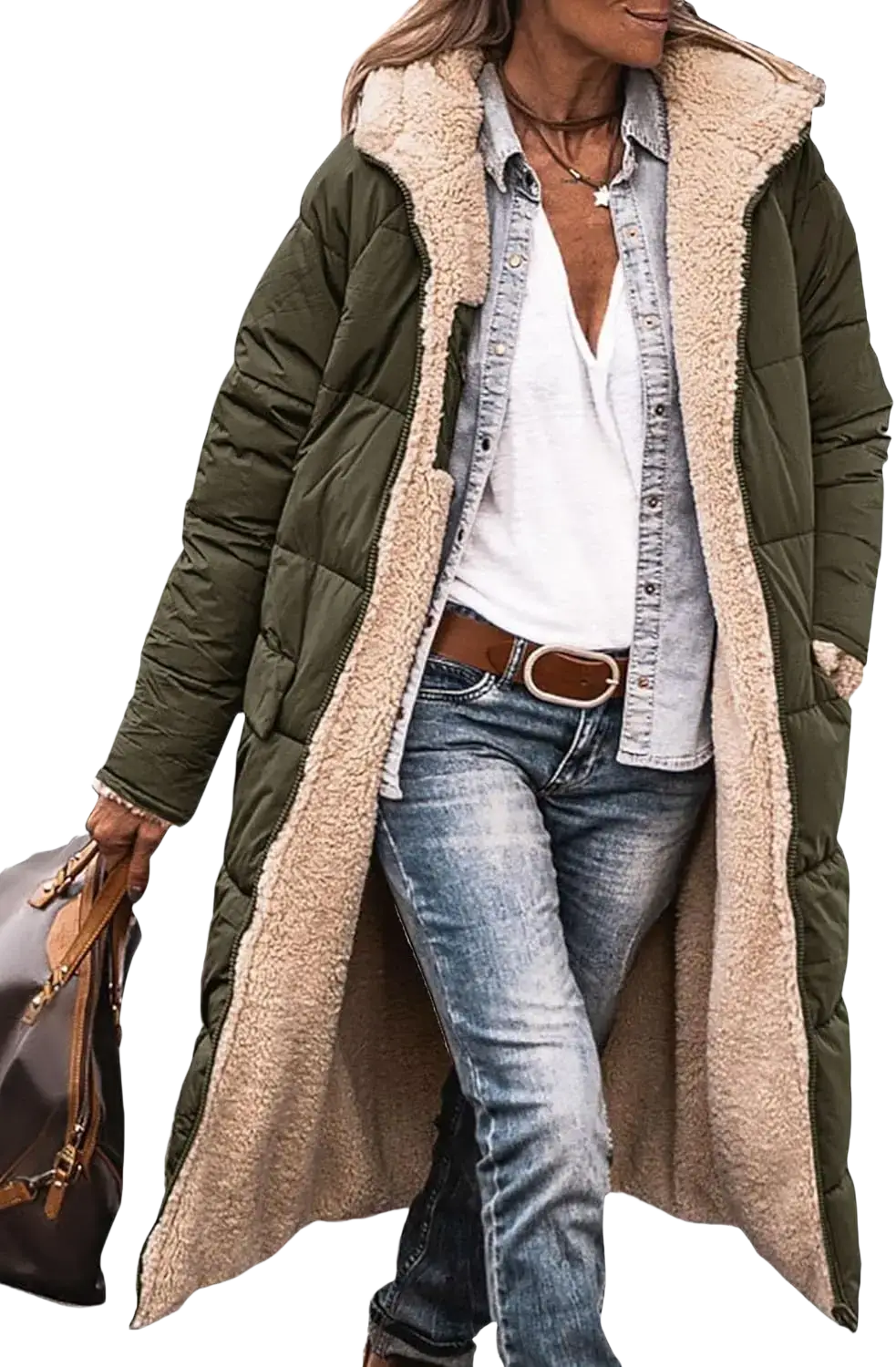 Women’s shearling fleece winter coat in olive green quilted design with plush beige shearling lining for warmth