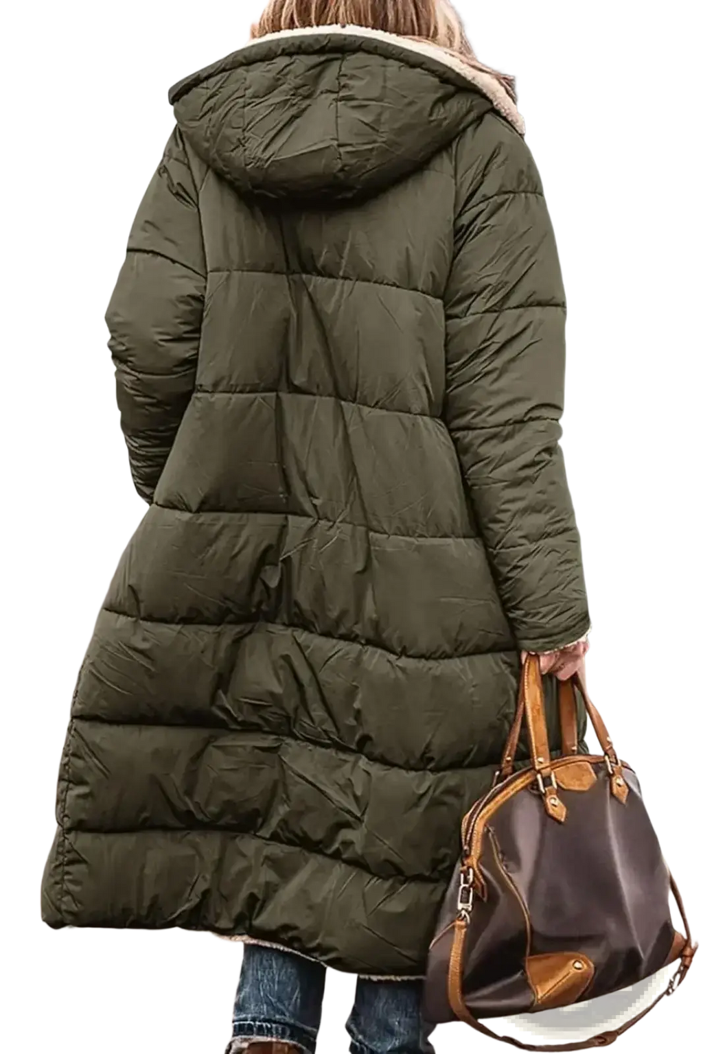Women’s olive green quilted puffer coat with shearling-lined hood made of fleece for winter wear
