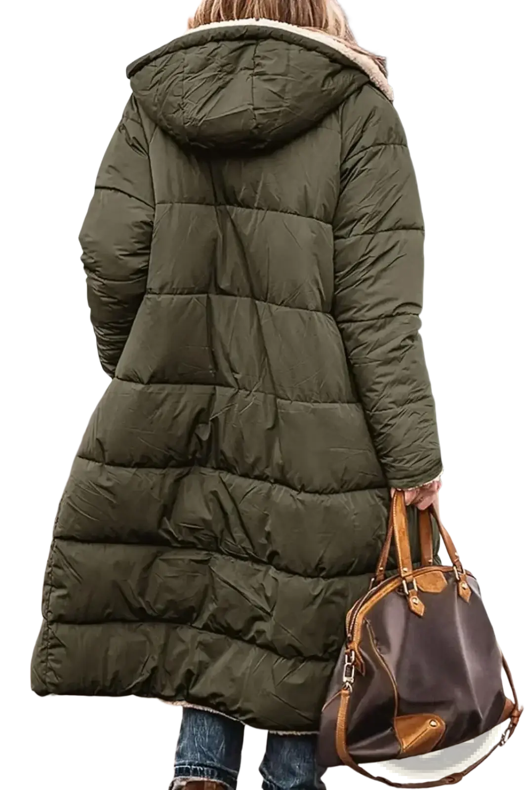 Women’s olive green quilted puffer coat with shearling-lined hood made of fleece for winter wear